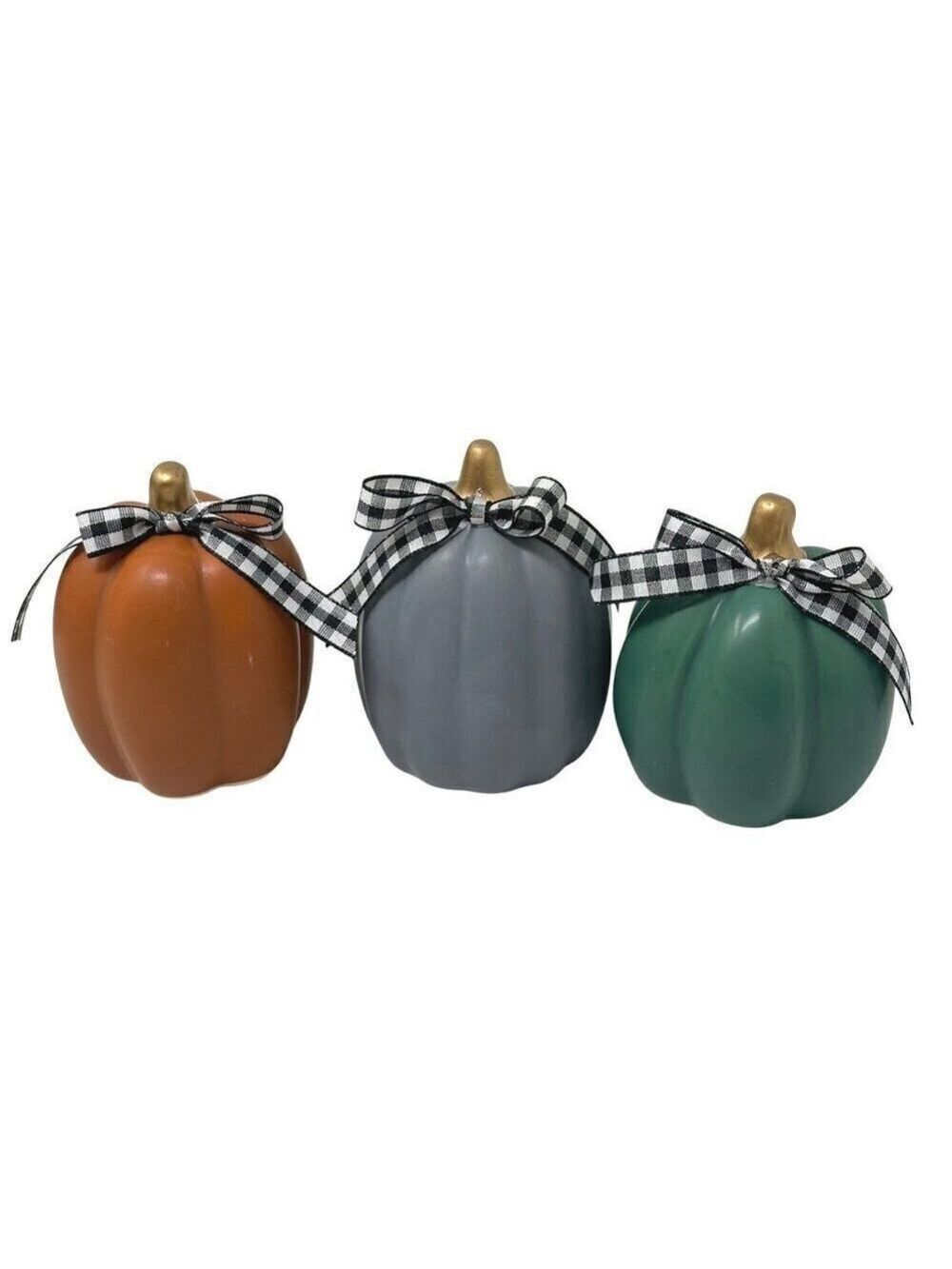 Mini Ceramic Pumpkins Set of 3 Green Gray Orange Hand Tied Bow Fall Decor Autumn